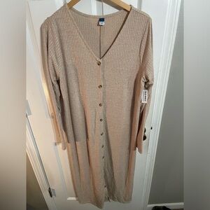 Old Navy Rib Knit Cardigan Sweater Midi Wishbone Beige Dress